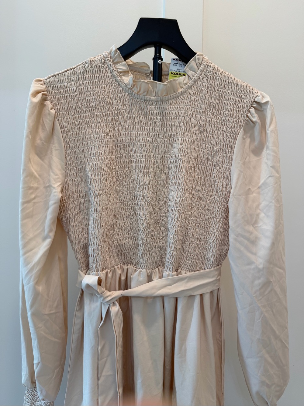 Smocked Waist Cream Midi Dress with Tie Belt #393